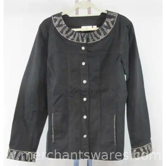 SALE! NWT- SASSY Quacker Factory Black Denim Jacket, Rhinestone Embellishment XL - Picture 1 of 10